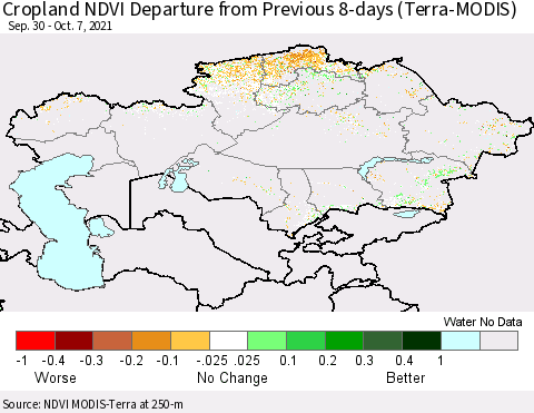 Kazakhstan Cropland NDVI Departure from Previous 8-days (Terra-MODIS) Thematic Map For 9/30/2021 - 10/7/2021