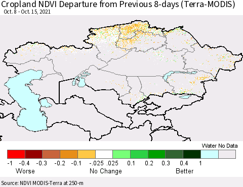 Kazakhstan Cropland NDVI Departure from Previous 8-days (Terra-MODIS) Thematic Map For 10/8/2021 - 10/15/2021