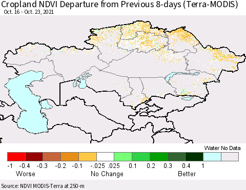 Kazakhstan Cropland NDVI Departure from Previous 8-days (Terra-MODIS) Thematic Map For 10/16/2021 - 10/23/2021