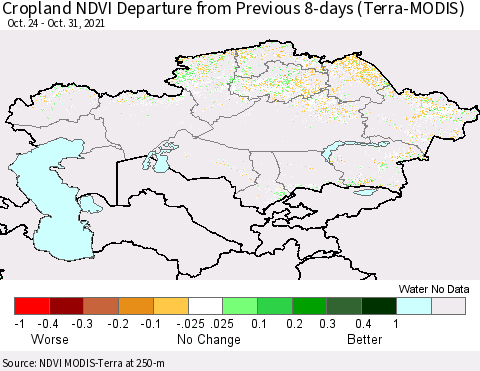 Kazakhstan Cropland NDVI Departure from Previous 8-days (Terra-MODIS) Thematic Map For 10/24/2021 - 10/31/2021