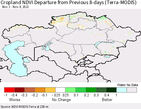 Kazakhstan Cropland NDVI Departure from Previous 8-days (Terra-MODIS) Thematic Map For 11/1/2021 - 11/8/2021