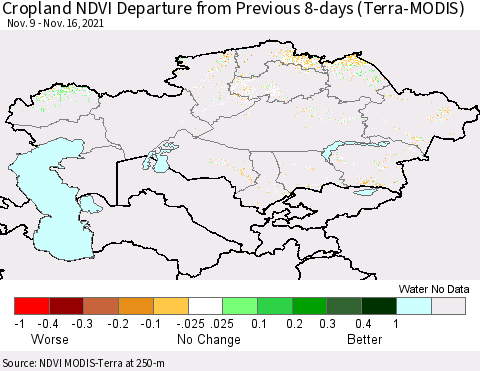 Kazakhstan Cropland NDVI Departure from Previous 8-days (Terra-MODIS) Thematic Map For 11/9/2021 - 11/16/2021
