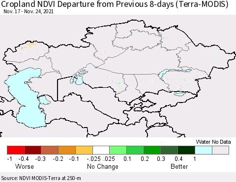Kazakhstan Cropland NDVI Departure from Previous 8-days (Terra-MODIS) Thematic Map For 11/17/2021 - 11/24/2021