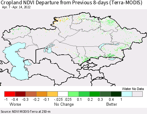 Kazakhstan Cropland NDVI Departure from Previous 8-days (Terra-MODIS) Thematic Map For 4/7/2022 - 4/14/2022