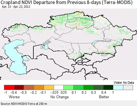 Kazakhstan Cropland NDVI Departure from Previous 8-days (Terra-MODIS) Thematic Map For 4/15/2022 - 4/22/2022