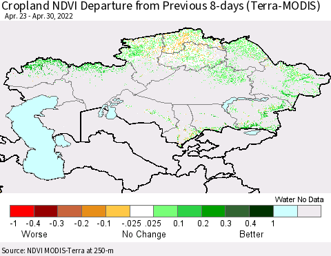 Kazakhstan Cropland NDVI Departure from Previous 8-days (Terra-MODIS) Thematic Map For 4/23/2022 - 4/30/2022