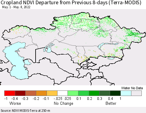 Kazakhstan Cropland NDVI Departure from Previous 8-days (Terra-MODIS) Thematic Map For 5/1/2022 - 5/8/2022