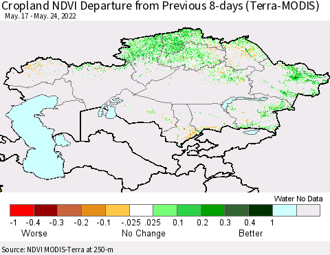 Kazakhstan Cropland NDVI Departure from Previous 8-days (Terra-MODIS) Thematic Map For 5/17/2022 - 5/24/2022