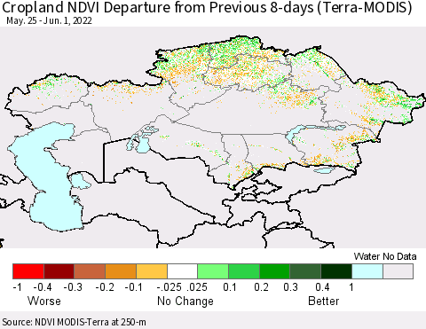 Kazakhstan Cropland NDVI Departure from Previous 8-days (Terra-MODIS) Thematic Map For 5/25/2022 - 6/1/2022
