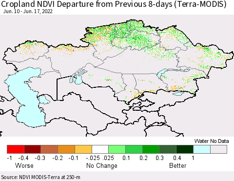 Kazakhstan Cropland NDVI Departure from Previous 8-days (Terra-MODIS) Thematic Map For 6/10/2022 - 6/17/2022