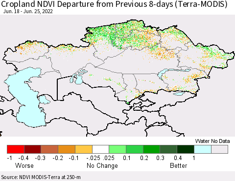 Kazakhstan Cropland NDVI Departure from Previous 8-days (Terra-MODIS) Thematic Map For 6/18/2022 - 6/25/2022