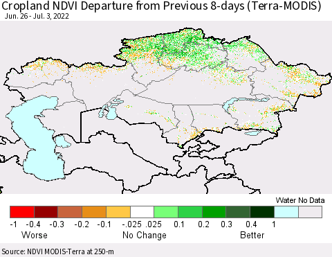 Kazakhstan Cropland NDVI Departure from Previous 8-days (Terra-MODIS) Thematic Map For 6/26/2022 - 7/3/2022