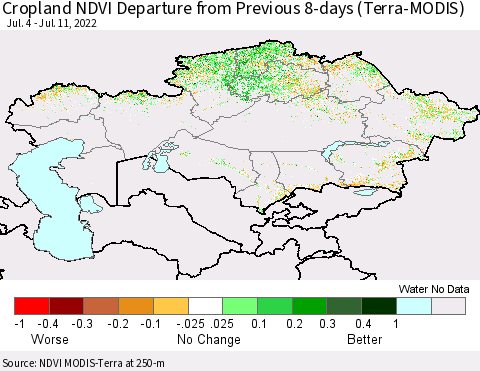 Kazakhstan Cropland NDVI Departure from Previous 8-days (Terra-MODIS) Thematic Map For 7/4/2022 - 7/11/2022