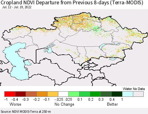 Kazakhstan Cropland NDVI Departure from Previous 8-days (Terra-MODIS) Thematic Map For 7/12/2022 - 7/19/2022
