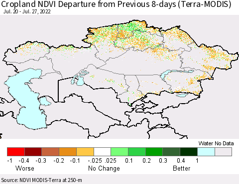 Kazakhstan Cropland NDVI Departure from Previous 8-days (Terra-MODIS) Thematic Map For 7/20/2022 - 7/27/2022