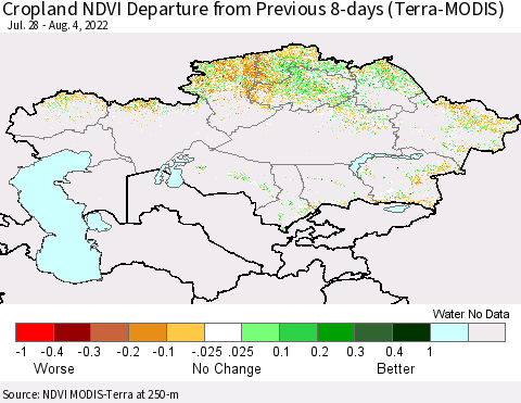 Kazakhstan Cropland NDVI Departure from Previous 8-days (Terra-MODIS) Thematic Map For 7/28/2022 - 8/4/2022
