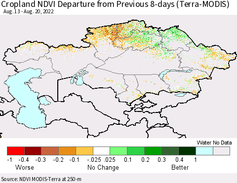 Kazakhstan Cropland NDVI Departure from Previous 8-days (Terra-MODIS) Thematic Map For 8/13/2022 - 8/20/2022
