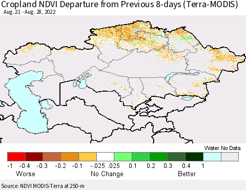 Kazakhstan Cropland NDVI Departure from Previous 8-days (Terra-MODIS) Thematic Map For 8/21/2022 - 8/28/2022