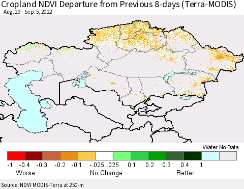Kazakhstan Cropland NDVI Departure from Previous 8-days (Terra-MODIS) Thematic Map For 8/29/2022 - 9/5/2022