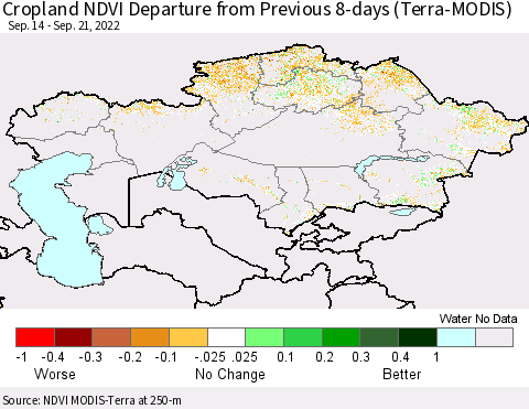Kazakhstan Cropland NDVI Departure from Previous 8-days (Terra-MODIS) Thematic Map For 9/14/2022 - 9/21/2022