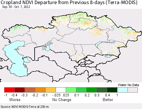 Kazakhstan Cropland NDVI Departure from Previous 8-days (Terra-MODIS) Thematic Map For 9/30/2022 - 10/7/2022