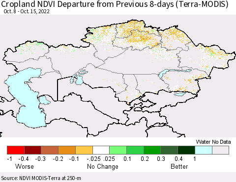 Kazakhstan Cropland NDVI Departure from Previous 8-days (Terra-MODIS) Thematic Map For 10/8/2022 - 10/15/2022