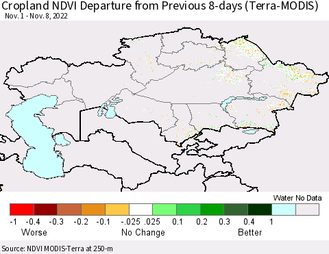 Kazakhstan Cropland NDVI Departure from Previous 8-days (Terra-MODIS) Thematic Map For 11/1/2022 - 11/8/2022