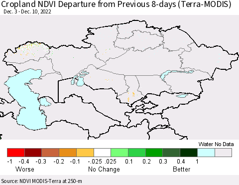 Kazakhstan Cropland NDVI Departure from Previous 8-days (Terra-MODIS) Thematic Map For 12/3/2022 - 12/10/2022