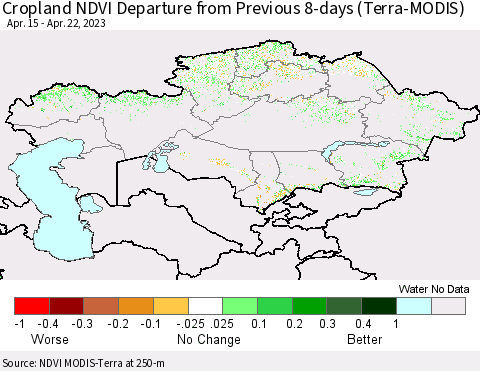 Kazakhstan Cropland NDVI Departure from Previous 8-days (Terra-MODIS) Thematic Map For 4/15/2023 - 4/22/2023