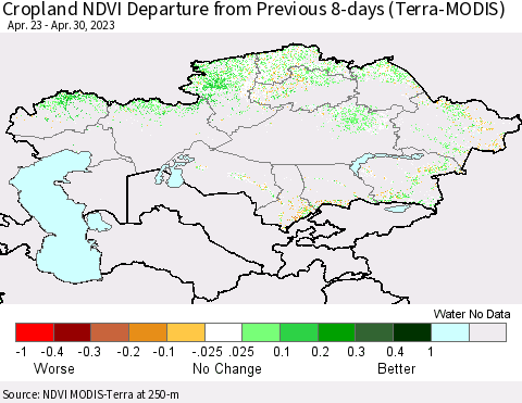 Kazakhstan Cropland NDVI Departure from Previous 8-days (Terra-MODIS) Thematic Map For 4/23/2023 - 4/30/2023