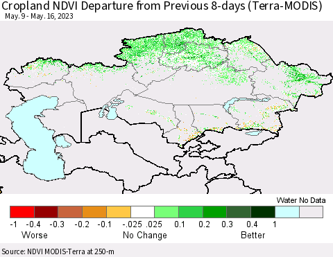 Kazakhstan Cropland NDVI Departure from Previous 8-days (Terra-MODIS) Thematic Map For 5/9/2023 - 5/16/2023