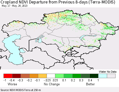 Kazakhstan Cropland NDVI Departure from Previous 8-days (Terra-MODIS) Thematic Map For 5/17/2023 - 5/24/2023
