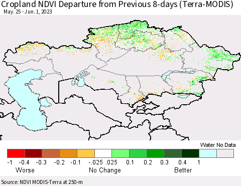 Kazakhstan Cropland NDVI Departure from Previous 8-days (Terra-MODIS) Thematic Map For 5/25/2023 - 6/1/2023