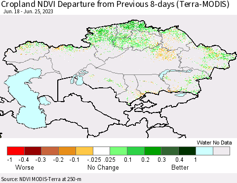 Kazakhstan Cropland NDVI Departure from Previous 8-days (Terra-MODIS) Thematic Map For 6/18/2023 - 6/25/2023