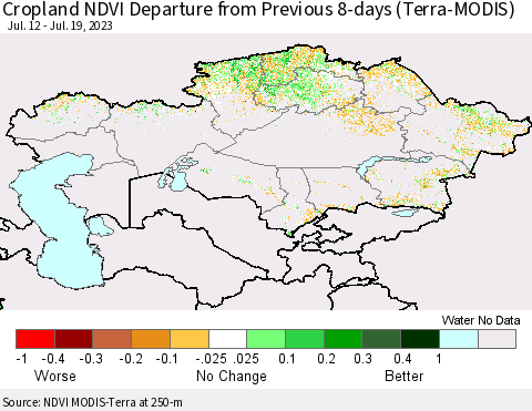 Kazakhstan Cropland NDVI Departure from Previous 8-days (Terra-MODIS) Thematic Map For 7/12/2023 - 7/19/2023