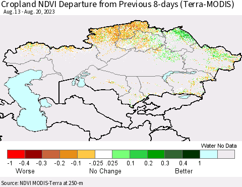 Kazakhstan Cropland NDVI Departure from Previous 8-days (Terra-MODIS) Thematic Map For 8/13/2023 - 8/20/2023
