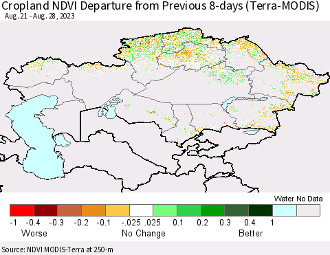 Kazakhstan Cropland NDVI Departure from Previous 8-days (Terra-MODIS) Thematic Map For 8/21/2023 - 8/28/2023
