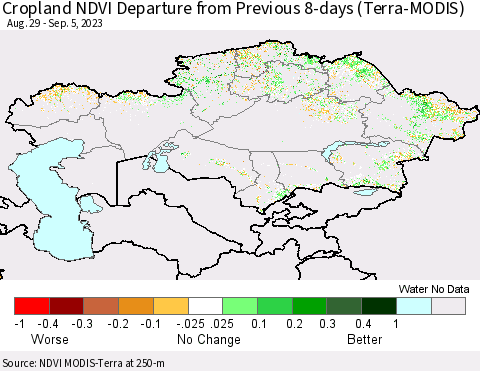 Kazakhstan Cropland NDVI Departure from Previous 8-days (Terra-MODIS) Thematic Map For 8/29/2023 - 9/5/2023