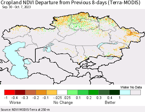 Kazakhstan Cropland NDVI Departure from Previous 8-days (Terra-MODIS) Thematic Map For 9/30/2023 - 10/7/2023
