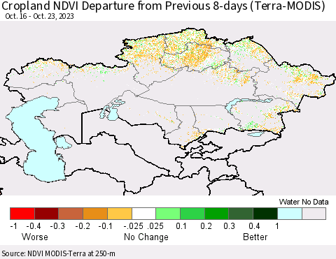 Kazakhstan Cropland NDVI Departure from Previous 8-days (Terra-MODIS) Thematic Map For 10/16/2023 - 10/23/2023