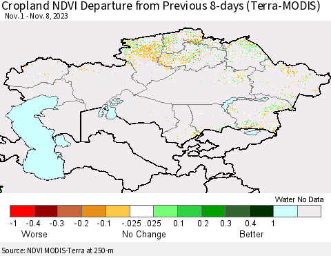 Kazakhstan Cropland NDVI Departure from Previous 8-days (Terra-MODIS) Thematic Map For 11/1/2023 - 11/8/2023