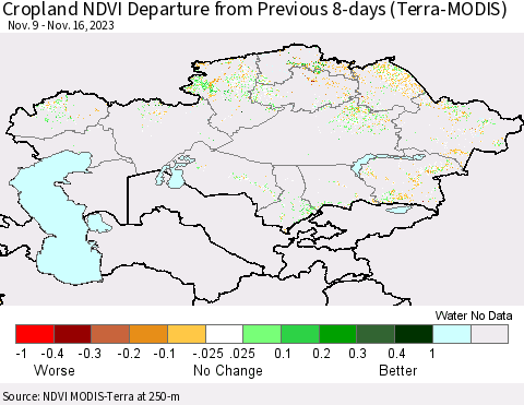 Kazakhstan Cropland NDVI Departure from Previous 8-days (Terra-MODIS) Thematic Map For 11/9/2023 - 11/16/2023