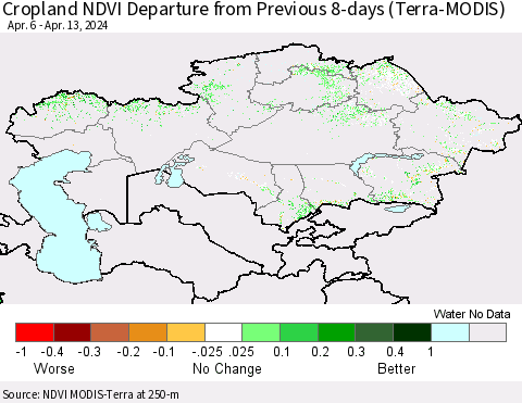 Kazakhstan Cropland NDVI Departure from Previous 8-days (Terra-MODIS) Thematic Map For 4/6/2024 - 4/13/2024
