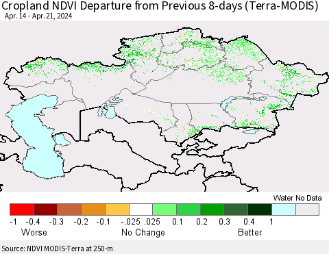 Kazakhstan Cropland NDVI Departure from Previous 8-days (Terra-MODIS) Thematic Map For 4/14/2024 - 4/21/2024