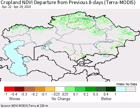 Kazakhstan Cropland NDVI Departure from Previous 8-days (Terra-MODIS) Thematic Map For 4/22/2024 - 4/29/2024