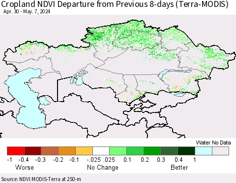 Kazakhstan Cropland NDVI Departure from Previous 8-days (Terra-MODIS) Thematic Map For 4/30/2024 - 5/7/2024