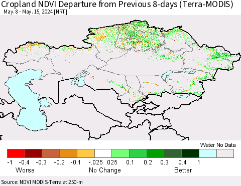 Kazakhstan Cropland NDVI Departure from Previous 8-days (Terra-MODIS) Thematic Map For 5/8/2024 - 5/15/2024