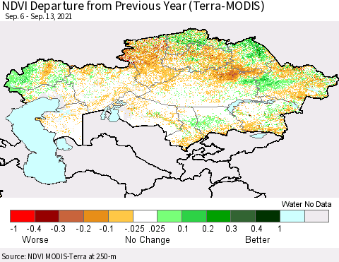 Kazakhstan NDVI Departure from Previous Year (Terra-MODIS) Thematic Map For 9/6/2021 - 9/13/2021