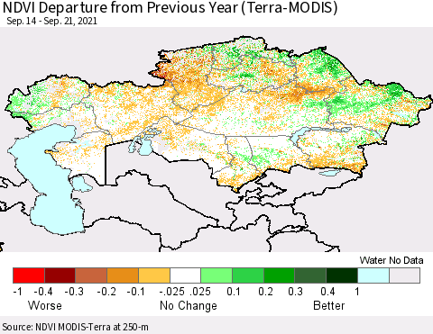 Kazakhstan NDVI Departure from Previous Year (Terra-MODIS) Thematic Map For 9/14/2021 - 9/21/2021