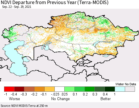 Kazakhstan NDVI Departure from Previous Year (Terra-MODIS) Thematic Map For 9/22/2021 - 9/29/2021
